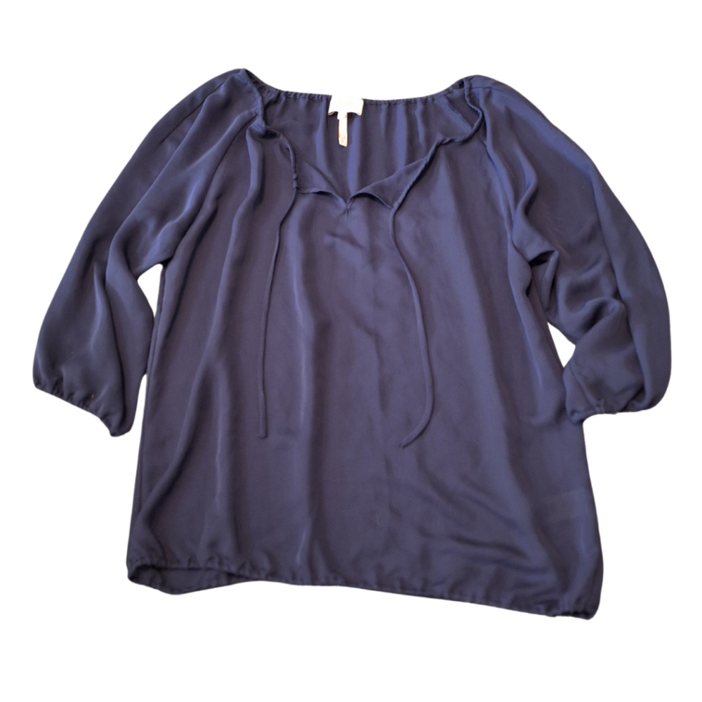 Laundry by Shelli Segal Navy Peasant Blouse with Tie Detail, Size Medium